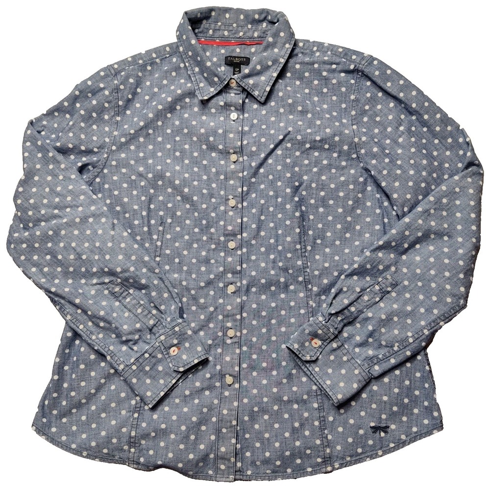 TALBOTS Women Petites 12P Blue Polka Dot Denim Button-Up Shirt